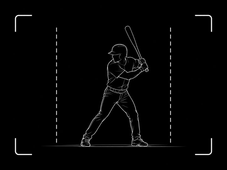 Line drawing of a hitter in a batting stance framed by camera guides, showing how to film a swing from the side